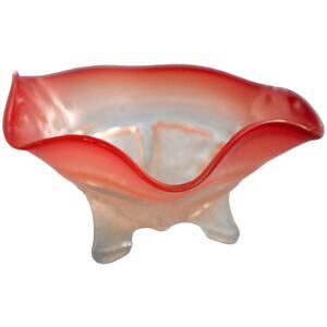 Vintage Sand Art Glass Trinket Bowl Dish Orange Red Ombre Footed Ruffled SIGNED